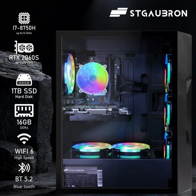 Alt view image 3 of 5 - STGAubron Gaming PC Computer Desktop, GeForce RTX 2060 Super 8G, Intel Core I7 8th up to 4.1GHz, 16G DDR4, 1T SSD, WiFi 6 & BT 5.2, RGB Fan x6, Windows 11 Home
