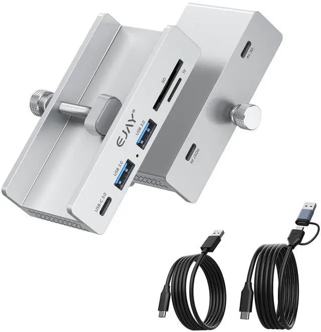 Main image of EJAY 5Ports USB3.0 HUB Alu Splitter Desktop Docking with Card Reader for Desk/Monitor Clipping with Extra Power Supply Port,59inches Data & 39inches Power Cable-5Gbps(Silver)