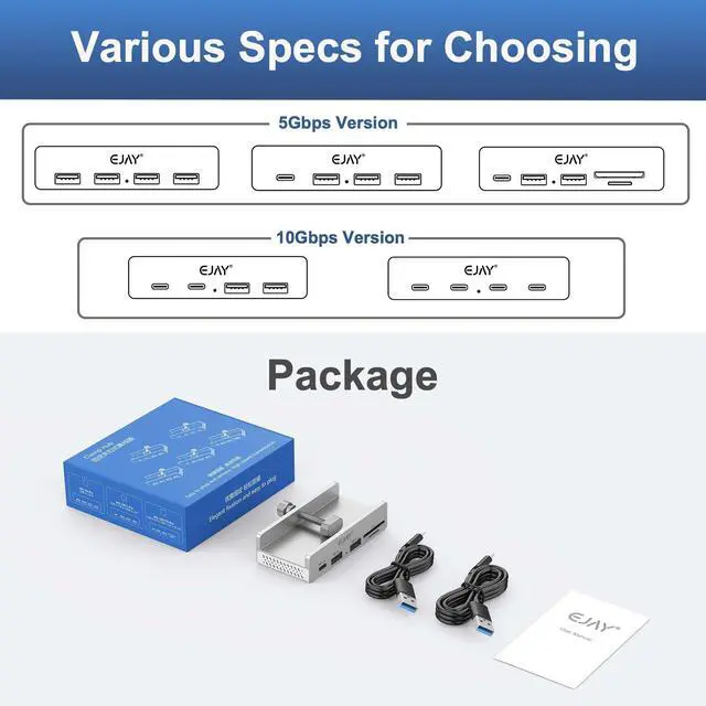 Alt view image 4 of 5 - EJAY 5Ports USB3.0 HUB Alu Splitter Desktop Docking with Card Reader for Desk/Monitor Clipping with Extra Power Supply Port,59inches Data & 39inches Power Cable-5Gbps(Silver)