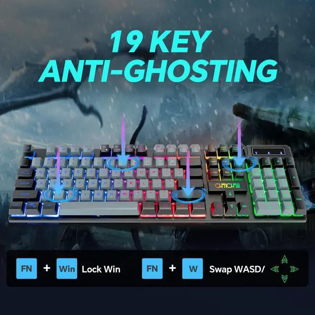 Alt view image 4 of 5 - CHONCHOW Gaming Keyboard and Mouse Full Size Wired Keyboard Light Up Key,Led Backlit,19 Anti-ghosting,Multimedia Keys, Mechanical Feel for Ps5,Ps4, Pc/Laptop/Xbox