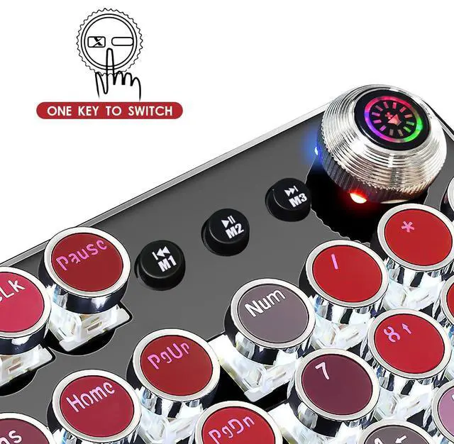 Alt view image 2 of 5 - Basaltech Typewriter Style with White LED Backlight,Vintage Mechanical Gaming Keyboards with Lipstick Round Keycaps, Blue Switches 104-Keys Wired Keyboard Metal Panel for Laptop/pc