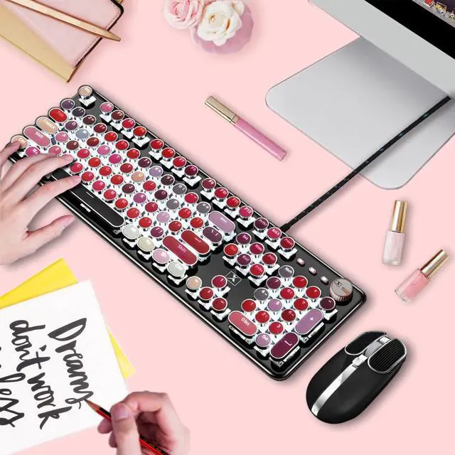 Alt view image 5 of 5 - Basaltech Typewriter Style with White LED Backlight,Vintage Mechanical Gaming Keyboards with Lipstick Round Keycaps, Blue Switches 104-Keys Wired Keyboard Metal Panel for Laptop/pc