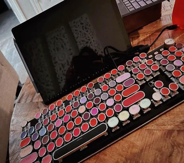 Alt view image 4 of 5 - Basaltech Typewriter Style with White LED Backlight,Vintage Mechanical Gaming Keyboards with Lipstick Round Keycaps, Blue Switches 104-Keys Wired Keyboard Metal Panel for Laptop/pc