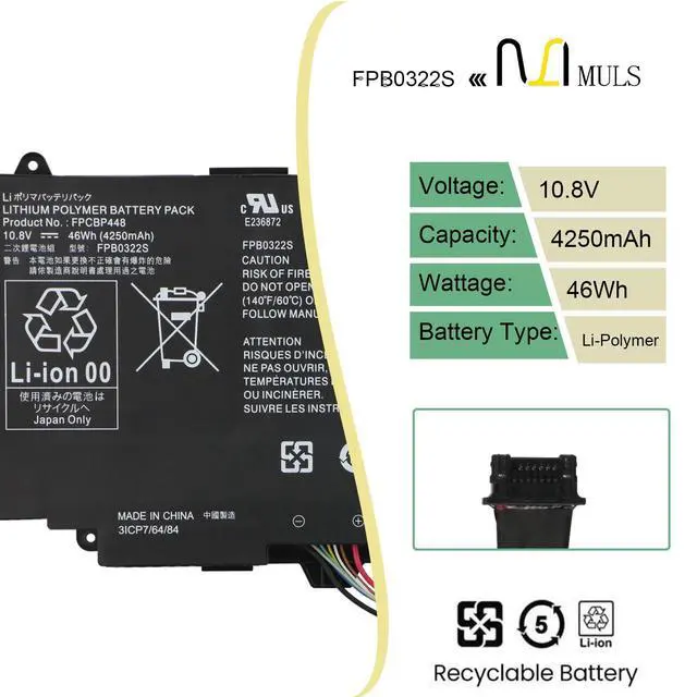 Alt view image 2 of 5 - MULS FPCBP448 46Wh Laptop Battery Replacement for Fujitsu Stylistic Q736 Q737 Q775 Series FPB0322S 3ICP7/64/84 4250mAh 10.8V 3-Cell