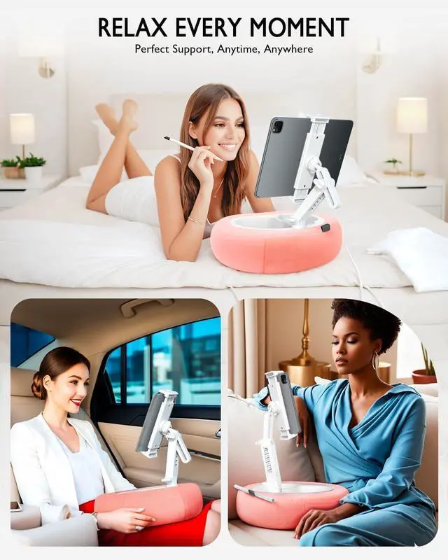 Alt view image 2 of 5 - Tablet Pillow Stand, Compatible with 4.7"-12.9" Kindle, iPad, Phone/Tablet, Google, 360° Rotating Phone Holder for Bed, Detachable Bowl, Reading and Relaxation on Bed, Pink, Small (Velvet Pillow)