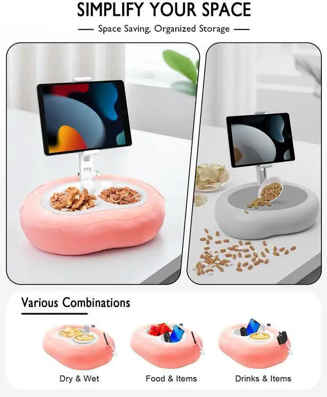 Alt view image 3 of 5 - Tablet Pillow Stand, Compatible with 4.7"-12.9" Kindle, iPad, Phone/Tablet, Google, 360° Rotating Phone Holder for Bed, Detachable Bowl, Reading and Relaxation on Bed, Pink, Small (Velvet Pillow)