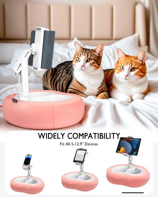 Alt view image 4 of 5 - Tablet Pillow Stand, Compatible with 4.7"-12.9" Kindle, iPad, Phone/Tablet, Google, 360° Rotating Phone Holder for Bed, Detachable Bowl, Reading and Relaxation on Bed, Pink, Small (Velvet Pillow)