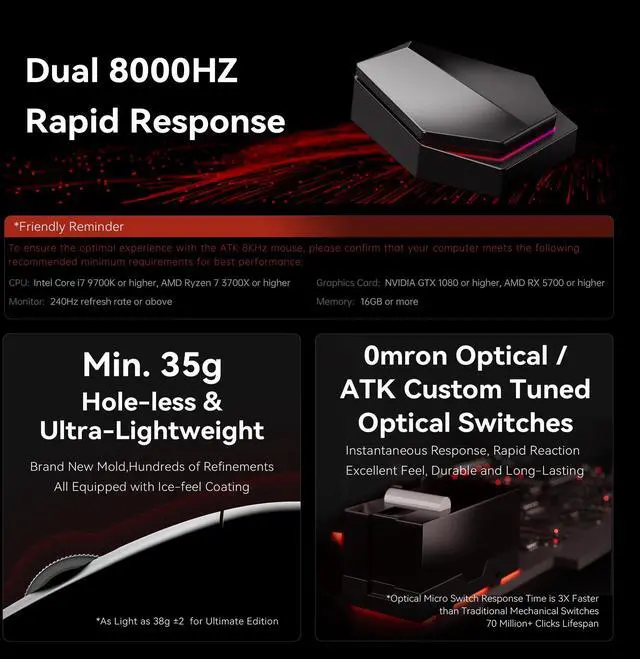 Alt view image 3 of 5 - ATK F1 Wireless Gaming Mouse  35g Ultralight, PAW3950 Sensor, 8000Hz Polling, Dual Mode USB-C, Optical Switches, FPS Ergonomic Design (F1 Extreme, Black)