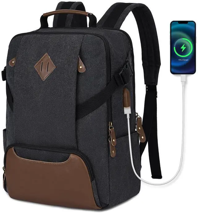 Main image of Kasqo Laptop Backpack 15.6 Inch Canvas Waterproof Anti Theft Business Travel College Computer Bag 18.8L Carry on Bag with USB Charging Port for Women Men, Black