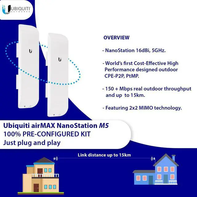 Alt view image 2 of 5 - Wireless Bridge NSM5 Pre-Configured Bundle of 2, M5 Point to Point Wi-Fi Bridge Outdoor, Plug and Play 150+ Mbps, 5 GHz, 15+ km Link Range