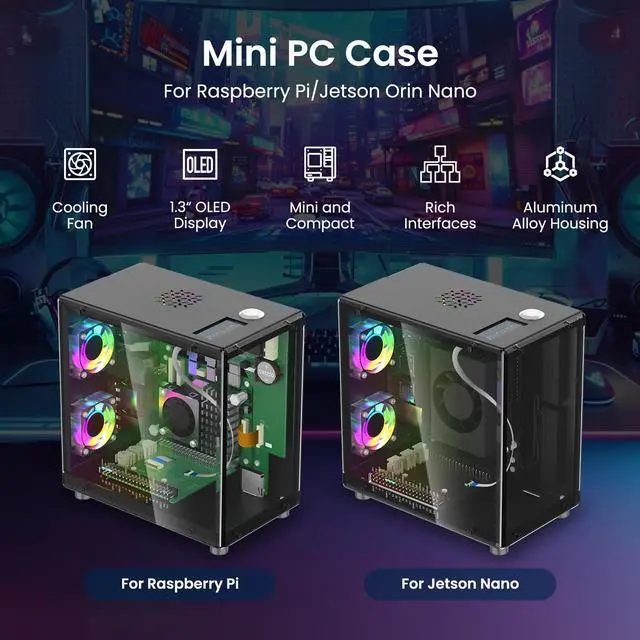 Alt view image 2 of 5 - Elecrow Mini PC Case for Raspberry Pi 5 - Aluminum Case with 3 Cooling Fans, 1.3" OLED Display, PCIe M.2 NVMe SSD 2230/2242/2260/2280 Support, RTC, Full Port Access, Compact All-in-One Enclosure