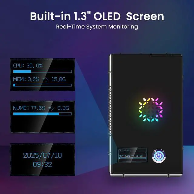 Alt view image 4 of 5 - Elecrow Mini PC Case for Raspberry Pi 5 - Aluminum Case with 3 Cooling Fans, 1.3" OLED Display, PCIe M.2 NVMe SSD 2230/2242/2260/2280 Support, RTC, Full Port Access, Compact All-in-One Enclosure