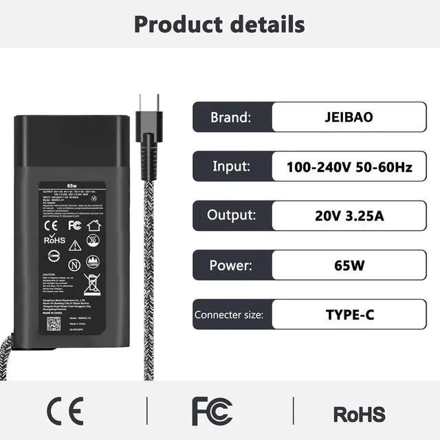Alt view image 2 of 5 - JEIBAO New Slim 65W USB C Laptop Charger Compatible with HP Chromebook X360, Envy X360, Elitebook X360, Spectre X360, Elitebook/Chromebook/Elite x2/Envy/ProBook Travel Type C Power Cord Supply