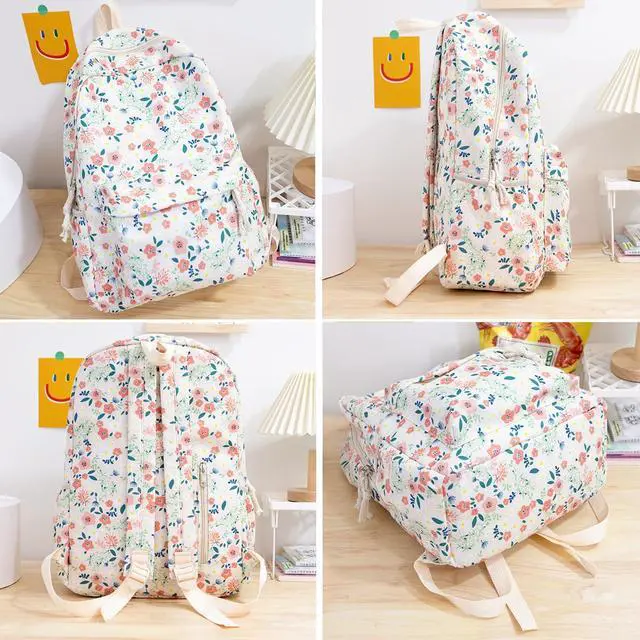 Alt view image 5 of 5 - Kakarin Choyx Kawaii Cute Backpack Women Aesthetics Preppy 16.1 Inch College Floral Backpack Pink, Medium