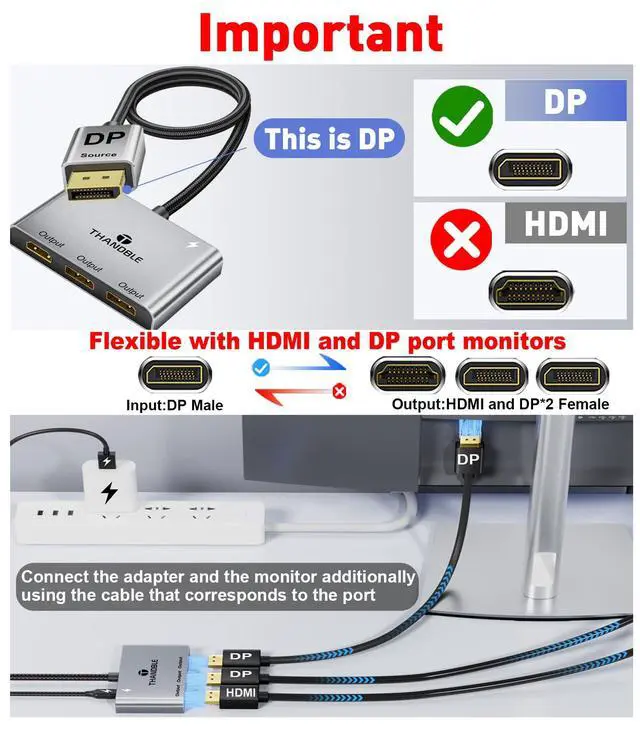 Alt view image 2 of 5 - THANDBLE DisplayPort to Dual DisplayPort with HDMI Adapter 4K@60Hz, Extended Display 1 in 3 Out MST Hub for Multiple Monitors Compatible with PC,NVIDIA/AMD Graphics Card