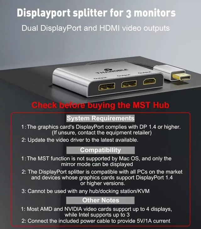 Alt view image 4 of 5 - THANDBLE DisplayPort to Dual DisplayPort with HDMI Adapter 4K@60Hz, Extended Display 1 in 3 Out MST Hub for Multiple Monitors Compatible with PC,NVIDIA/AMD Graphics Card