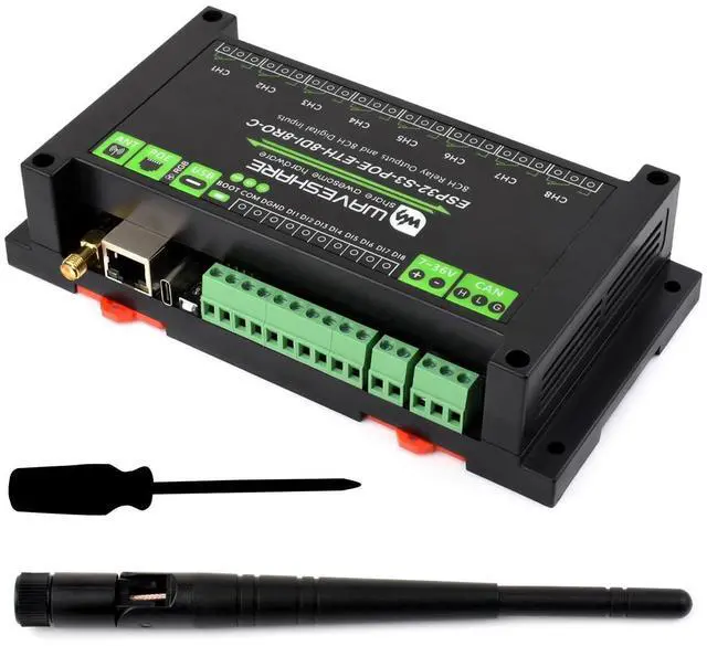 Main image of Waveshare Industrial 8-Channel ESP32-S3 WiFi Relay Module, Isolated CAN Interface, Xtensa 32-bit LX7 Dual-core Processor, 240MHz, Multiple Isolation Protection Circuits, PoE Ethernet Port