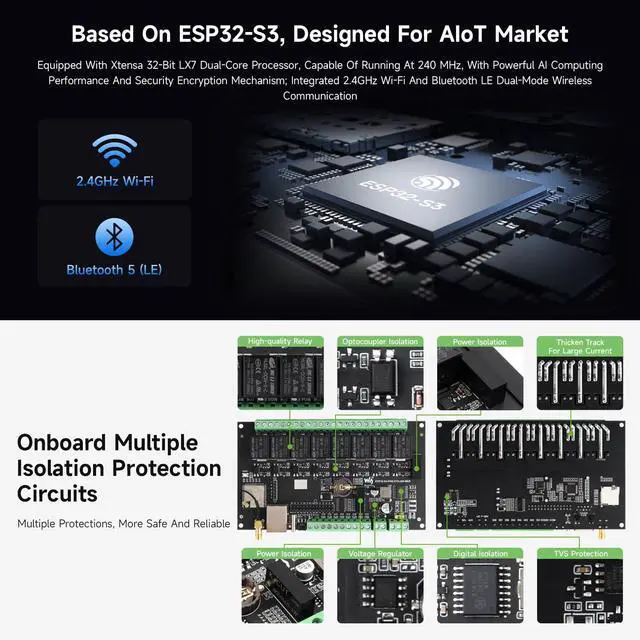 Alt view image 5 of 5 - Waveshare Industrial 8-Channel ESP32-S3 WiFi Relay Module, Isolated CAN Interface, Xtensa 32-bit LX7 Dual-core Processor, 240MHz, Multiple Isolation Protection Circuits, PoE Ethernet Port