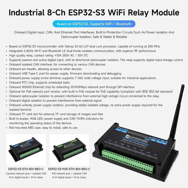 Alt view image 3 of 5 - Waveshare Industrial 8-Channel ESP32-S3 WiFi Relay Module, Isolated CAN Interface, Xtensa 32-bit LX7 Dual-core Processor, 240MHz, Multiple Isolation Protection Circuits, PoE Ethernet Port