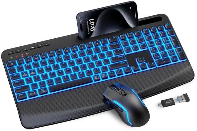 Main image of SABLUTE Wireless Keyboard and Mouse Combo, Rechargeable 4000mAh Light up Quiet Keyboard with Wrist Rest & Phone Holder, Ergonomic Silent Typing for PC/Mac/Laptop/Windows/Chrome OS