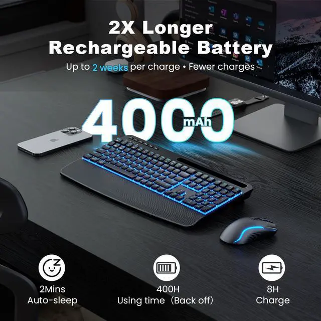 Alt view image 2 of 5 - SABLUTE Wireless Keyboard and Mouse Combo, Rechargeable 4000mAh Light up Quiet Keyboard with Wrist Rest & Phone Holder, Ergonomic Silent Typing for PC/Mac/Laptop/Windows/Chrome OS