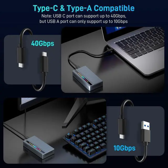 Alt view image 3 of 5 - FIDECO 40Gbps M.2 NVMe SSD Enclosure, M.2 NVMe to USB Adapter with RGB Light, USB4 SSD Reader Compatible with Thunderbolt 4/3, USB4/3.2/3.1/3.0, Support UASP & Trim