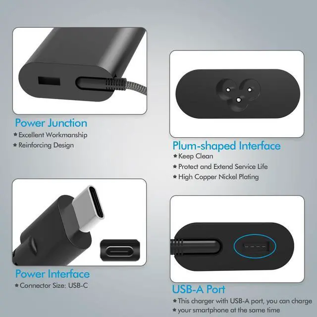 Alt view image 5 of 5 - Slim 65W USB C with USB AC Charger for HP Spectre x360 x2 Elite Elitebook 840 850 Envy x360 ProBook x360 Pavilion Split Chromebook x360 11 Laptop Power Adapter Cord