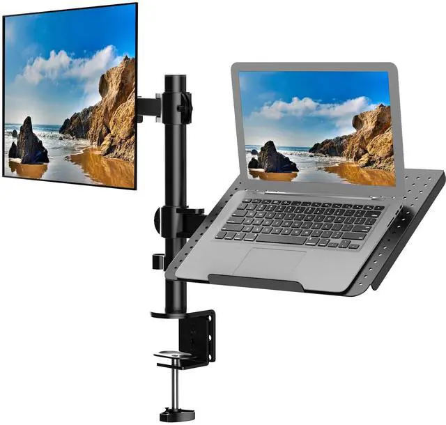 Main image of Suprogear Laptop and Monitor Stand, Dual Arm Desk Mount with Vented Laptop Tray for 27" Screen and 17" Notebook, up to 22 lbs, Fully Adjustable Laptops Stand for Desk, Black