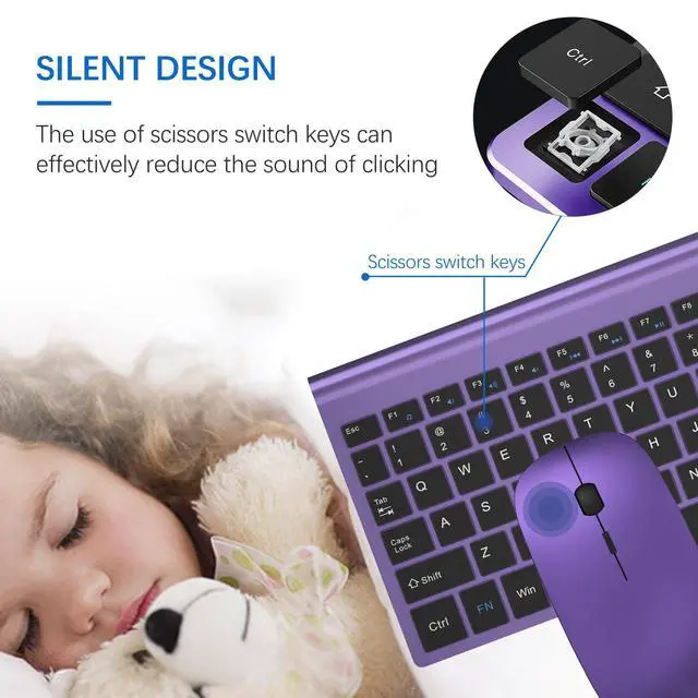 Alt view image 2 of 5 - Wireless Keyboard and Mouse Ultra Slim Combo, TopMate 2.4G Silent Compact USB 2400DPI Mouse and Scissor Switch Keyboard Set with Cover, Batteries Included, for PC/Laptop/Windows/Mac - Purple Black