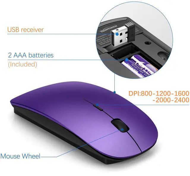 Alt view image 4 of 5 - Wireless Keyboard and Mouse Ultra Slim Combo, TopMate 2.4G Silent Compact USB 2400DPI Mouse and Scissor Switch Keyboard Set with Cover, Batteries Included, for PC/Laptop/Windows/Mac - Purple Black