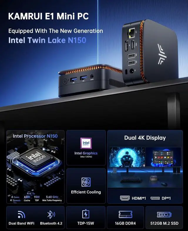 Alt view image 2 of 5 - KAMRUI Essenx E1 Mini Computer with N150 Processor, 16GB DDR4 512GB M.2 SSD Mini PC, Small PC Support Dual 4K, WiFi, Ethernet, Bluetooth, Mini Desktop PC for Business