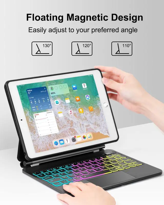 Alt view image 5 of 5 - TabletKeyer Magic for iPad 6th 5th Generation 2017 2018 Air 2 9.7inch Case with Keyboard, Trackpad Floating Rainbow Backlit TouchPad Keypad with Cantilever Magnetic Cover for iPad 5 6 Gen Black