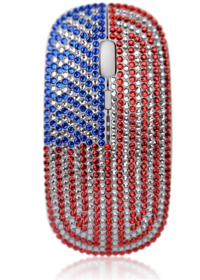 Main image of American Flag Bling Luxury Crystal Rhinestone Rechargeable 2.4G Wireless Mouse for Laptop Computer, Cute USA Star Stripes Mouse for Girls - Flag White