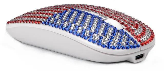 Alt view image 4 of 5 - American Flag Bling Luxury Crystal Rhinestone Rechargeable 2.4G Wireless Mouse for Laptop Computer, Cute USA Star Stripes Mouse for Girls - Flag White