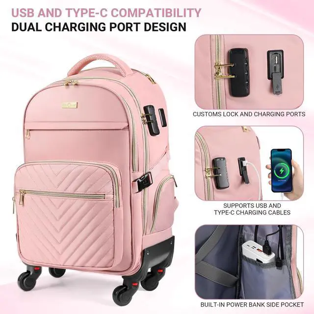Alt view image 3 of 5 - star cloud Rolling Backpack for Women, 21"x14"x9",45L Travel Backpack with Wheels and USB & Type-C Charging Ports, Fits 17.3", Water-Resistant Carry-On Luggage for Work & Travel (Pink)