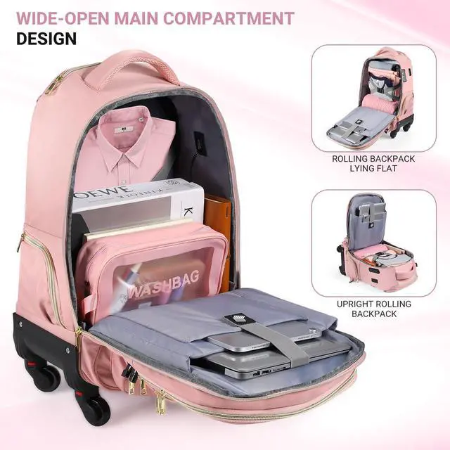 Alt view image 4 of 5 - star cloud Rolling Backpack for Women, 21"x14"x9",45L Travel Backpack with Wheels and USB & Type-C Charging Ports, Fits 17.3", Water-Resistant Carry-On Luggage for Work & Travel (Pink)