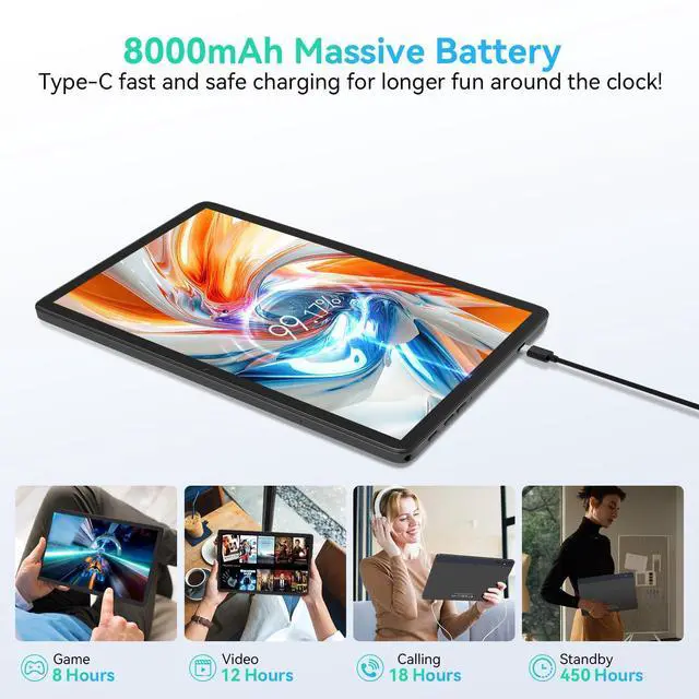 Alt view image 3 of 5 - VOZIZOV Android 14 10" 2-in-1 Tablet with Keyboard/Case, 14GB RAM, 128GB ROM (TF 1TB), Octa-Core, Incell Display, 5G WiFi+4G LTE, 8000mAh, GPS, Gray