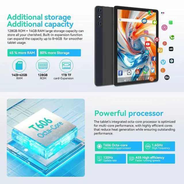 Alt view image 2 of 5 - VOZIZOV Android 14 10" 2-in-1 Tablet with Keyboard/Case, 14GB RAM, 128GB ROM (TF 1TB), Octa-Core, Incell Display, 5G WiFi+4G LTE, 8000mAh, GPS, Gray