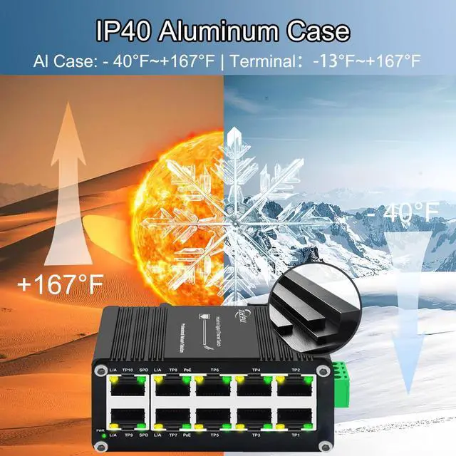 Alt view image 5 of 5 - Industrial 10-Port Gigabit PoE Switch, 1248V DC Input with Built-in Voltage Booster, 8-Port 802.3at 30W + 2 Uplink, 120W Output, DIN-Rail Mountable