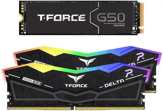 Main image of TEAMGROUP T-Force Delta RGB DDR5 32GB Kit (2x16GB) 6000MHz Desktop Memory (Black) FF3D532G6000HC38ADC01 Bundle with G50 2TB NVMe PCIe Gen4 M.2 2280 Gaming SSD (Read 5000) TM8FFE002T0C129
