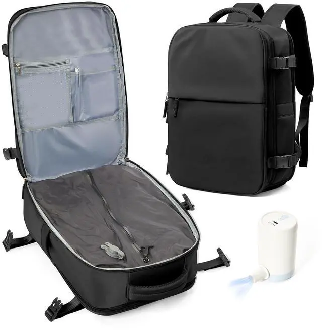 Main image of vivatote Vacuum Compression Backpack with Electric Vacpack Pump, Large Travel Backpacks with Vacuum System, Carry On Personal Item Bags for Airplane with 17inch Laptop Compartment/USB Port, Black