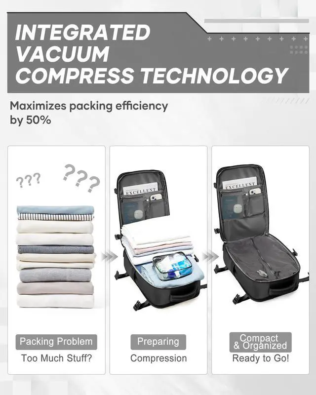 Alt view image 5 of 5 - vivatote Vacuum Compression Backpack with Electric Vacpack Pump, Large Travel Backpacks with Vacuum System, Carry On Personal Item Bags for Airplane with 17inch Laptop Compartment/USB Port, Black