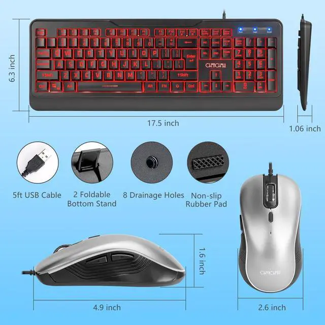 Alt view image 2 of 5 - CHONCHOW Wired Keyboard and Mouse Combo with Large Print, Red-Green-Yellow Light Up, Quiet Keys for Office Work or Gaming, RGB Mouse, USB Big Letter Keyboard with Mice for PC Mac Laptop Computer-Black