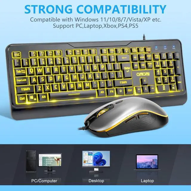 Alt view image 3 of 5 - CHONCHOW Wired Keyboard and Mouse Combo with Large Print, Red-Green-Yellow Light Up, Quiet Keys for Office Work or Gaming, RGB Mouse, USB Big Letter Keyboard with Mice for PC Mac Laptop Computer-Black