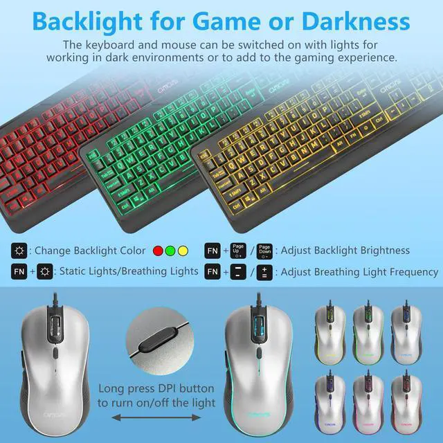 Alt view image 5 of 5 - CHONCHOW Wired Keyboard and Mouse Combo with Large Print, Red-Green-Yellow Light Up, Quiet Keys for Office Work or Gaming, RGB Mouse, USB Big Letter Keyboard with Mice for PC Mac Laptop Computer-Black