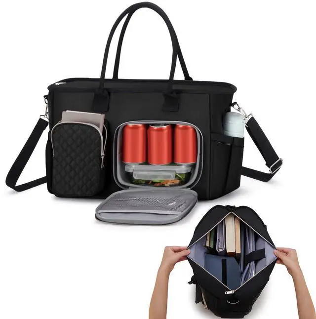 Main image of Women Laptop Tote Bag with Insulated Lunch Compartment,15.6'' Teacher Work Computer Bag,Large Water-Resistant Messenger Shoulder Bag with Multi Pockets for Office/College/Travel-Black