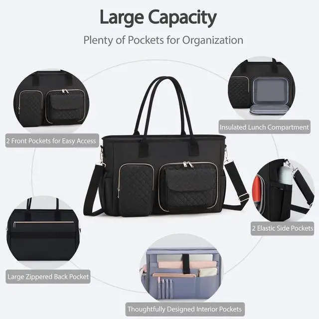 Alt view image 2 of 5 - Women Laptop Tote Bag with Insulated Lunch Compartment,15.6'' Teacher Work Computer Bag,Large Water-Resistant Messenger Shoulder Bag with Multi Pockets for Office/College/Travel-Black