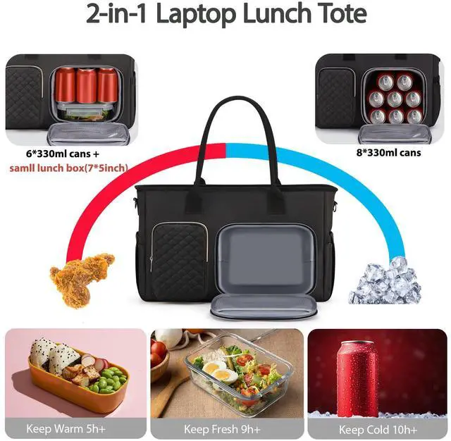Alt view image 3 of 5 - Women Laptop Tote Bag with Insulated Lunch Compartment,15.6'' Teacher Work Computer Bag,Large Water-Resistant Messenger Shoulder Bag with Multi Pockets for Office/College/Travel-Black