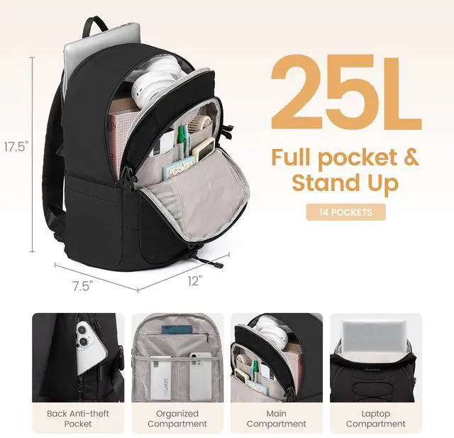 Alt view image 3 of 5 - LOVEVOOK Laptop Backpack for Women Men with Pouch Pocket for Large Capacity Cup,15.6 Inch Waterproof Travel Work Computer Laptop Bag College Teacher Backpack Purse,Lightweight Hiking Backpack,Black