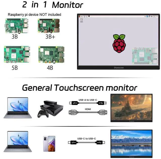 Alt view image 5 of 5 - Update 14inch Monitor for Raspberry Pi 5/4B/3B+/3B Screen, IPS Display FHD 1920X1200, Built-in Speaker, HDMI USB-C Portable Monitor Touchscreen for Laptop Computer Switch Xbox PS3/4/5